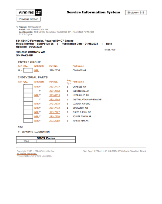Caterpillar Cat 584 Forwarder Parts Catalogue Manual PDF | S/N PAK