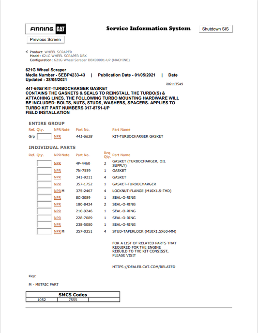Caterpillar Cat 621G Wheel Scraper Parts Catalogue Manual PDF | S/N DBX