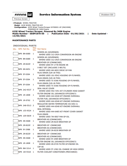 Caterpillar Cat 623E Wheel Tractor Parts Catalogue Manual PDF | S/N 6YF