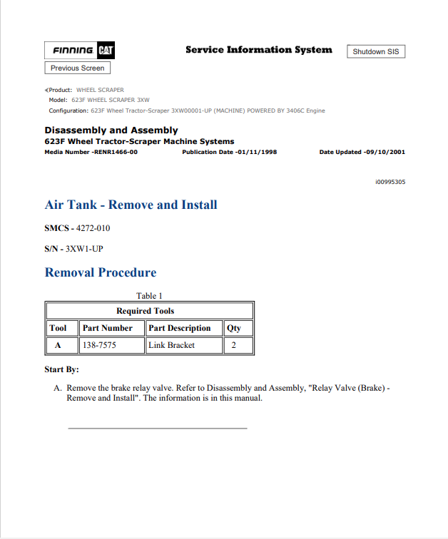 Caterpillar Cat 623F Wheel Scraper Service and Repair Manual PDF | S/N 3XW
