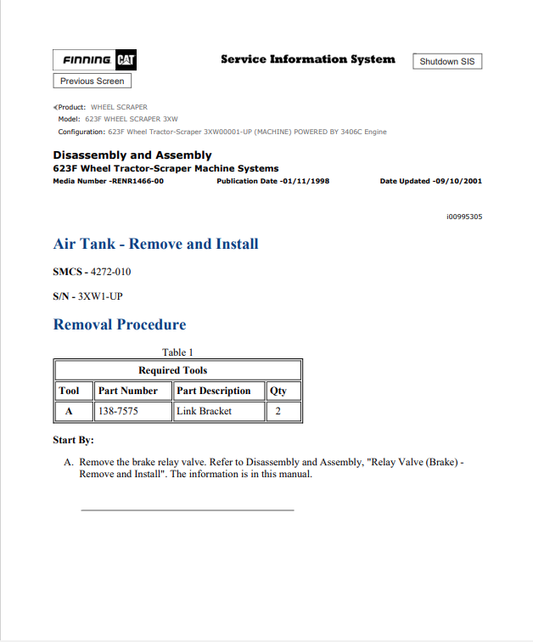 Caterpillar Cat 623F Wheel Scraper Service and Repair Manual PDF | S/N 3XW