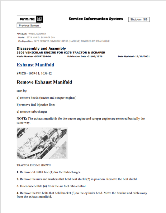 Caterpillar Cat 627B Wheel Scraper Service and Repair Manual PDF | S/N 38V