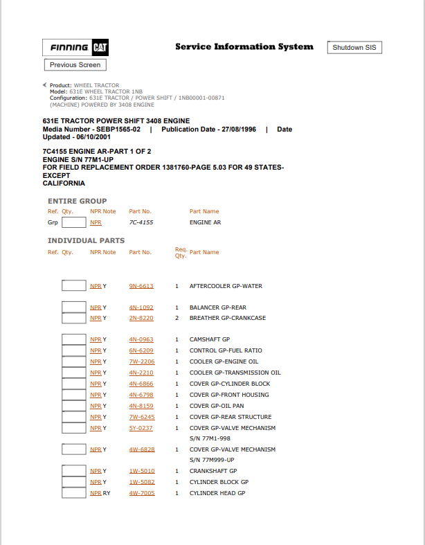 Caterpillar Cat 631E Wheel Tractor Parts Catalogue Manual PDF | S/N 1NB