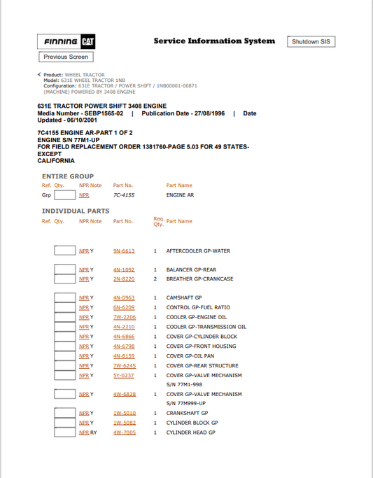 Caterpillar Cat 631E Wheel Tractor Parts Catalogue Manual PDF | S/N 1NB