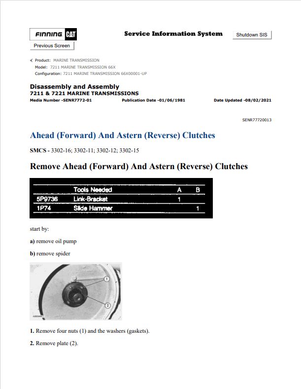 Caterpillar Cat 7211 Marine Transmission Service and Repair Manual PDF | S/N 66X
