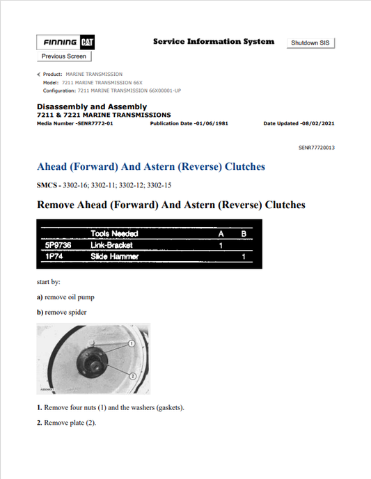 Caterpillar Cat 7211 Marine Transmission Service and Repair Manual PDF | S/N 66X
