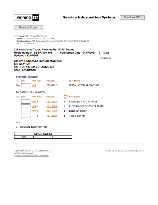 Caterpillar Cat 725 Articulated Truck Parts Catalogue Manual PDF | S/N AFX