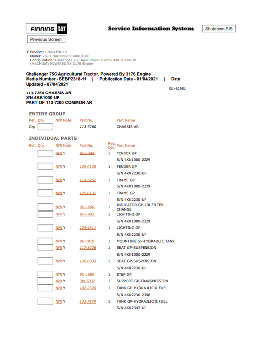 Caterpillar Cat 75C Challenger Parts Catalogue Manual PDF | S/N 4KK01000