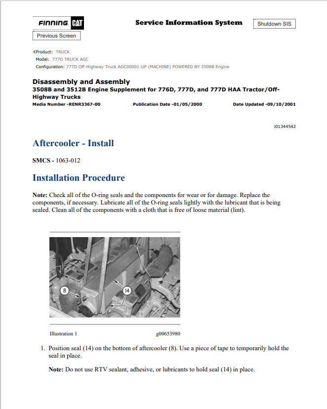 Caterpillar Cat 777D Truck Service and Repair Manual PDF | S/N AGC
