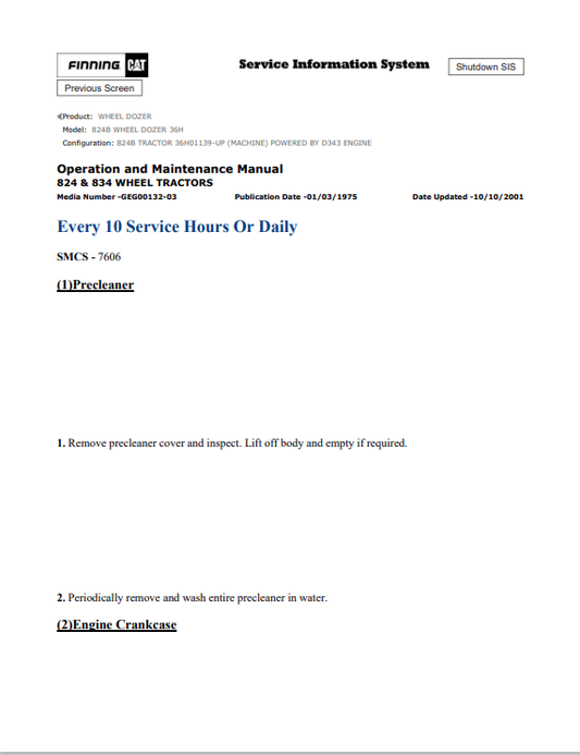 Caterpillar Cat 824B Wheel Dozer Operation and Maintenance Manual PDF | S/N 36H