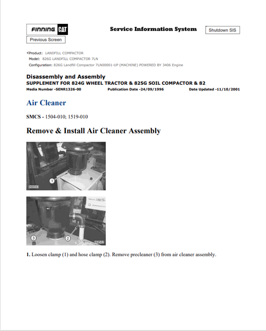 Caterpillar Cat 826G Landfill Compactor Service and Repair Manual PDF | S/N 7LN