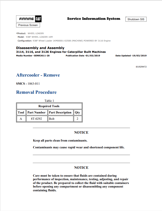 Caterpillar Cat 936F Wheel Loader Service and Repair Manual PDF | S/N 1KM
