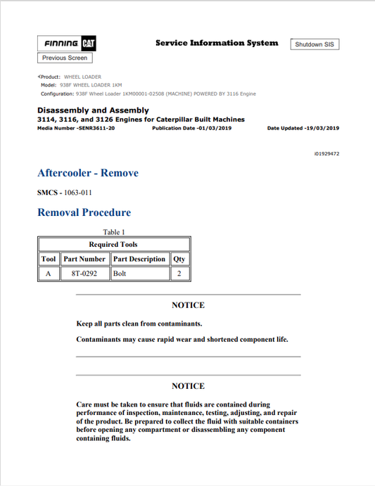 Caterpillar Cat 936F Wheel Loader Service and Repair Manual PDF | S/N 1KM
