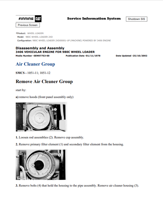 Caterpillar Cat 980C Wheel Loader Service and Repair Manual PDF | S/N 2XD