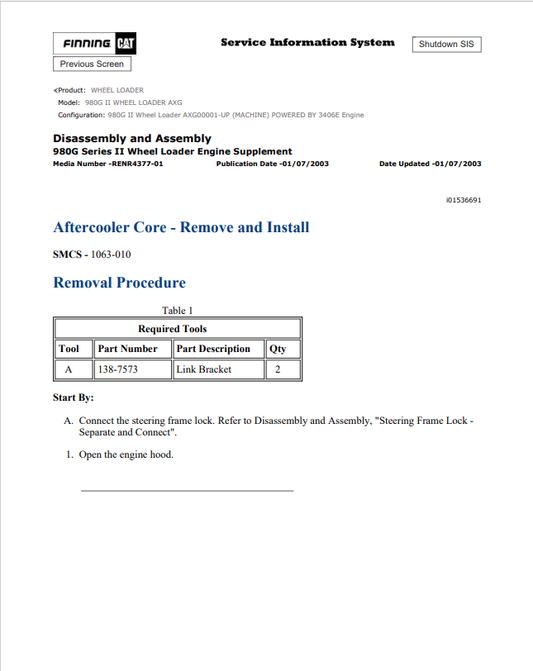 Caterpillar Cat 980G II Wheel Loader Service and Repair Manual PDF | S/N AXG