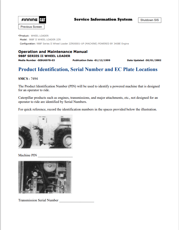 Caterpillar Cat 988F II Wheel Loader Operation and Maintenance Manual PDF | S/N 2ZR