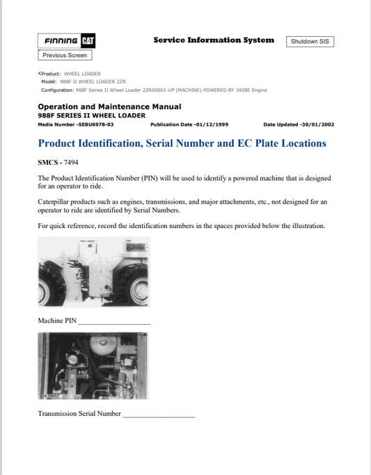 Caterpillar Cat 988F II Wheel Loader Operation and Maintenance Manual PDF | S/N 2ZR