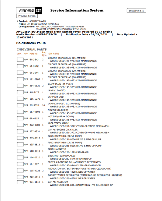 Caterpillar Cat AP-1055D Asphalt Paver Parts Catalogue Manual PDF | S/N FAC