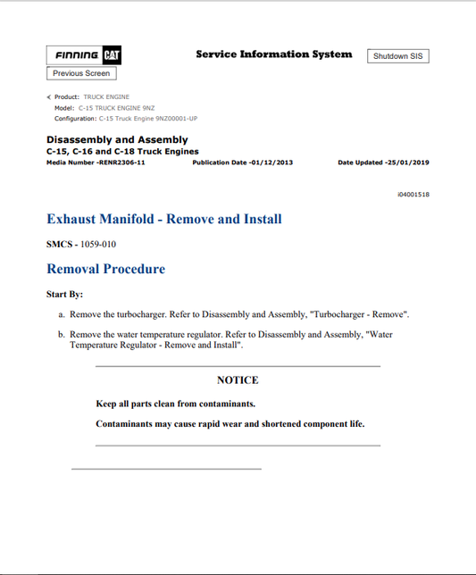 Caterpillar Cat C-15 Truck Engine Service and Repair Manual PDF | S/N 9NZ
