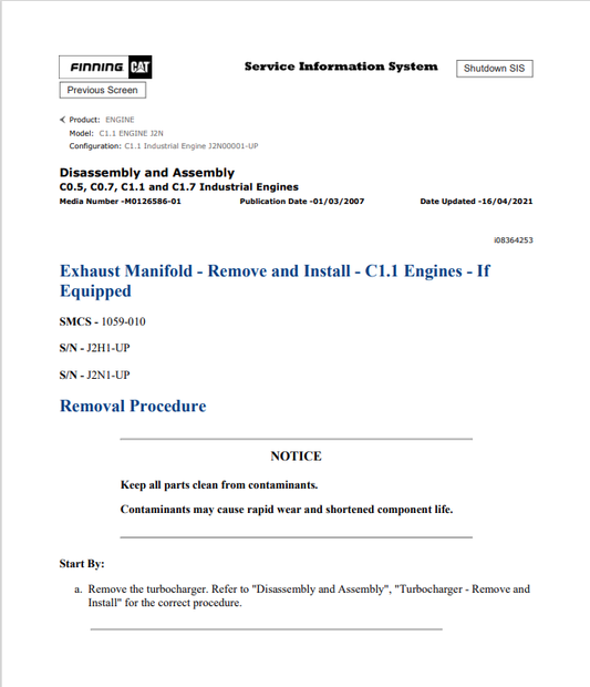 Caterpillar Cat C1.1 Engine Service and Repair Manual PDF | S/N J2N
