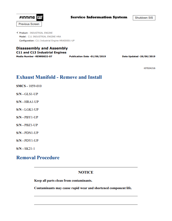 Caterpillar Cat C11 Industrial Engine Service And Repair Manual PDF | S/N HRA