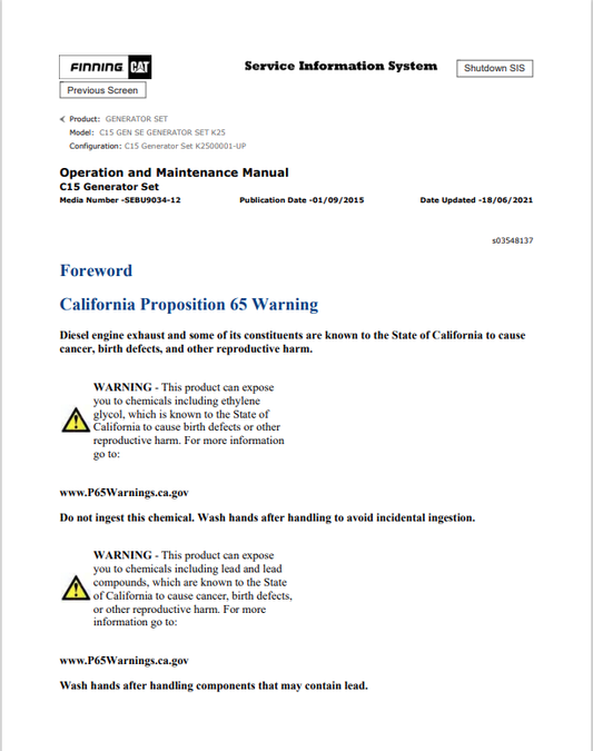 Caterpillar Cat C15 GEN SE Generator Set Operation and Maintenance Manual PDF | S/N K25