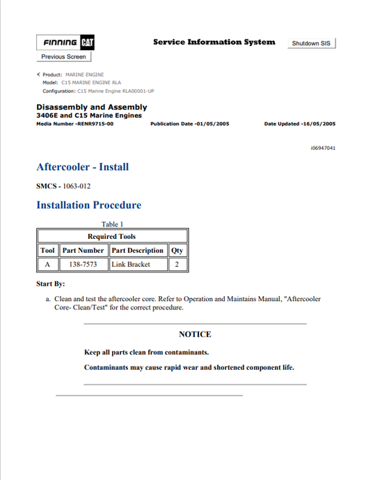 Caterpillar Cat C15 Marine Engine Service and Repair Manual PDF | S/N RLA