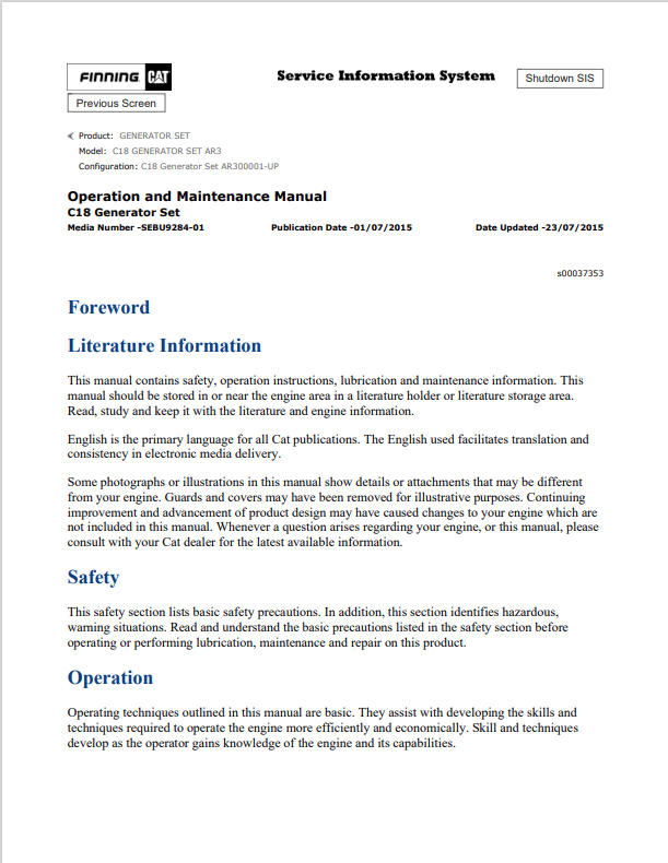 Caterpillar Cat C18 Generator Set Operation and Maintenance Manual PDF | S/N AR3