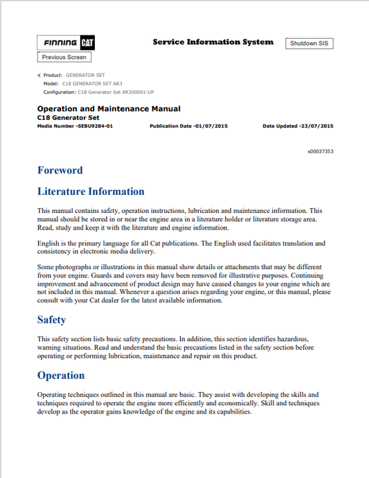 Caterpillar Cat C18 Generator Set Operation and Maintenance Manual PDF | S/N AR3