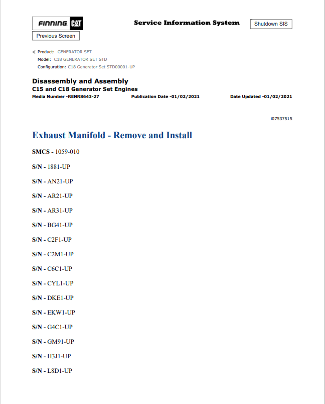 Caterpillar Cat C18 Generator Set Service and Repair Manual PDF | S/N STD