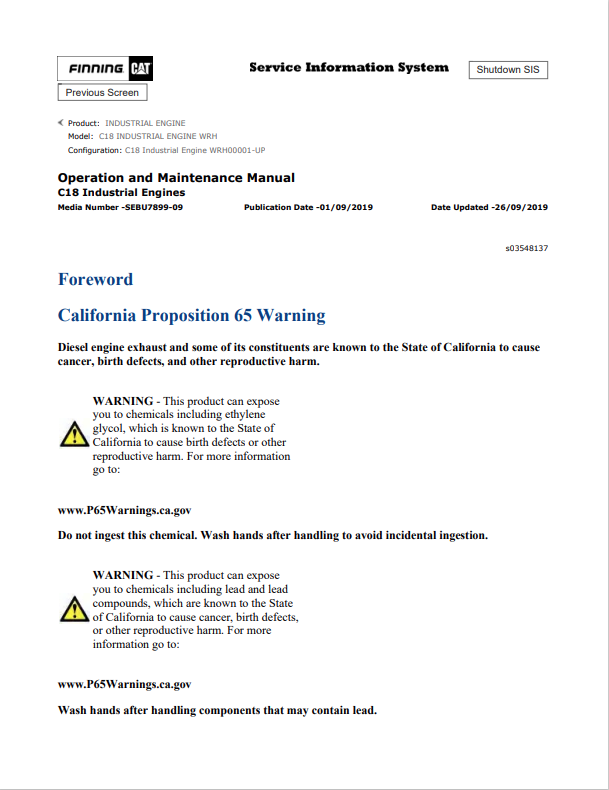Caterpillar Cat C18 Industrial Engine Operation and Maintenance Manual PDF | S/N WRH