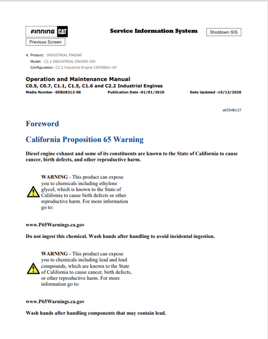 Caterpillar Cat C2.2 Industrial Engine Operation and Maintenance Manual PDF | S/N C8Y