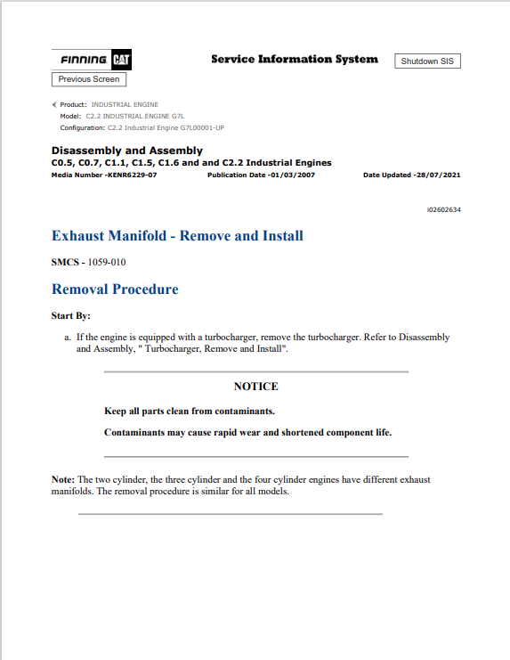 Caterpillar Cat C2.2 Industrial Engine Service And Repair Manual PDF | S/N G7L