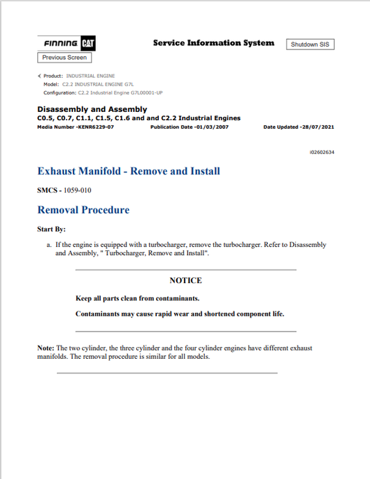 Caterpillar Cat C2.2 Industrial Engine Service And Repair Manual PDF | S/N G7L