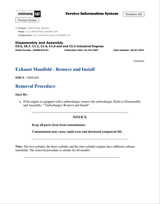 Caterpillar Cat C2.2 Industrial Engine Service and Repair Manual PDF | S/N C6M