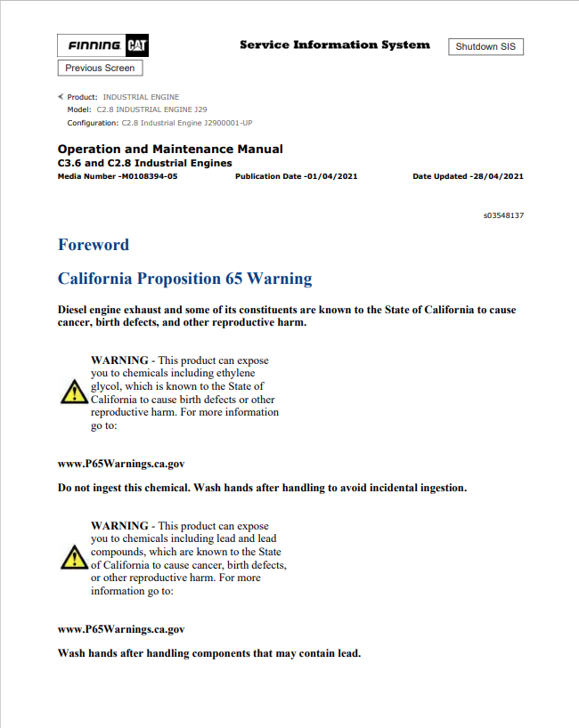 Caterpillar Cat C2.8 Industrial Engine Operation and Maintenance Manual PDF | S/N J29
