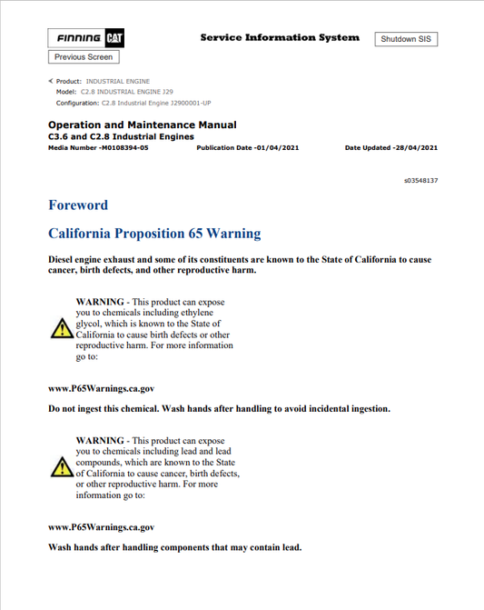 Caterpillar Cat C2.8 Industrial Engine Operation and Maintenance Manual PDF | S/N J29