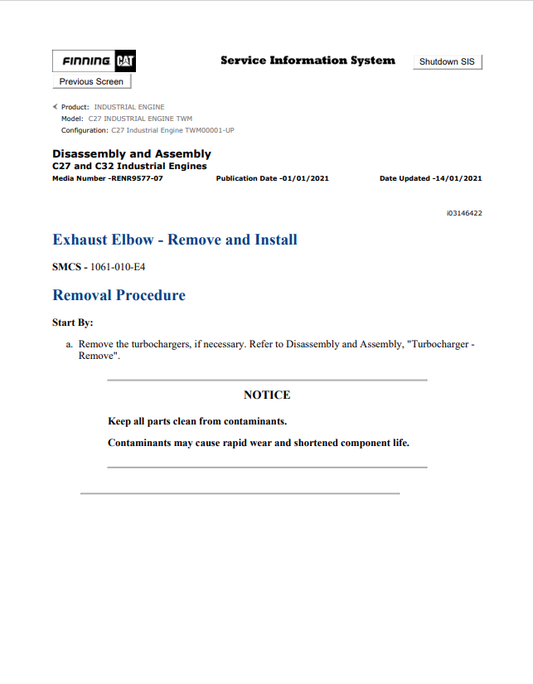 Caterpillar Cat C27 Industrial Engine Service and Repair Manual PDF | S/N TWM
