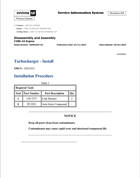 Caterpillar Cat C280-16 Gen Set Engine Service and Repair Manual PDF | S/N ENS