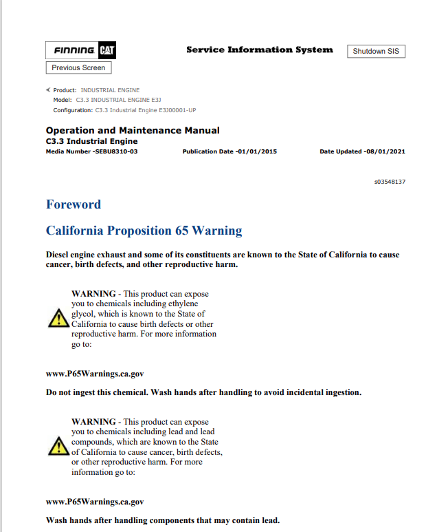 Caterpillar Cat C3.3 Industrial Engine Operation and Maintenance Manual PDF | S/N E3J