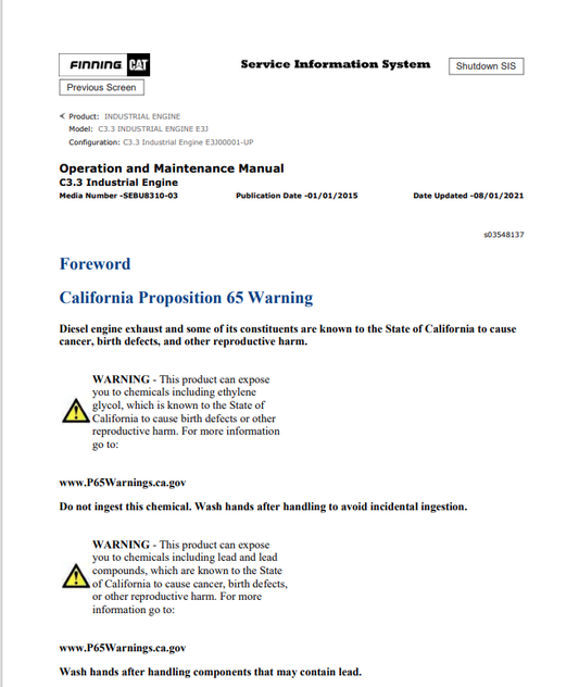 Caterpillar Cat C3.3 Industrial Engine Operation and Maintenance Manual PDF | S/N E3J