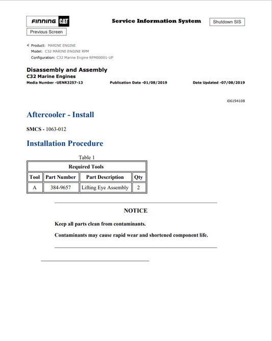 Caterpillar Cat C32 Marine Engine Service and Repair Manual PDF | S/N RPM