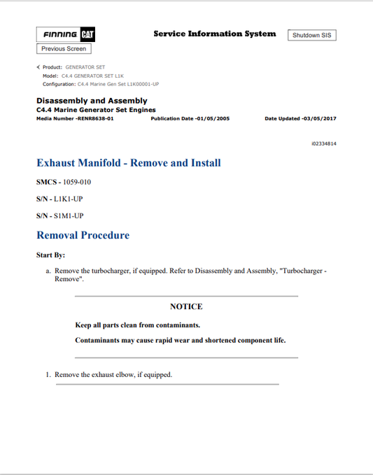 Caterpillar Cat C4.4 Generator Set Service and Repair Manual PDF | S/N L1K