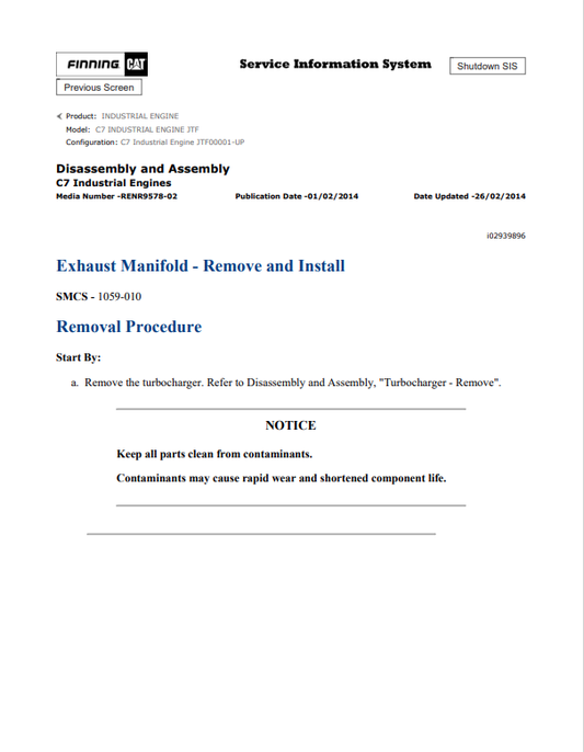 Caterpillar Cat C7 Industrial Engine Service and Repair Manual PDF | S/N JTF