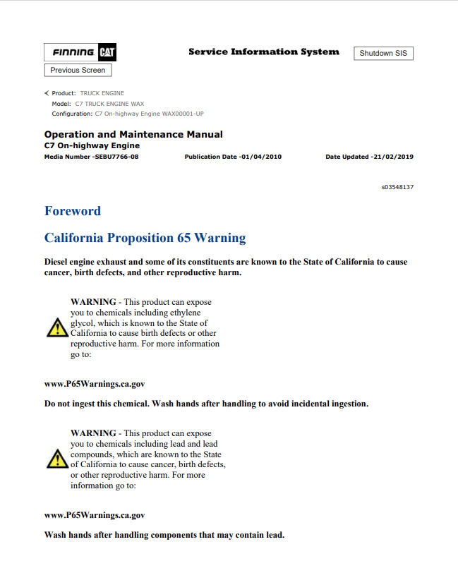 Caterpillar Cat C7 Truck Engine Operation and Maintenance Manual PDF | S/N WAX