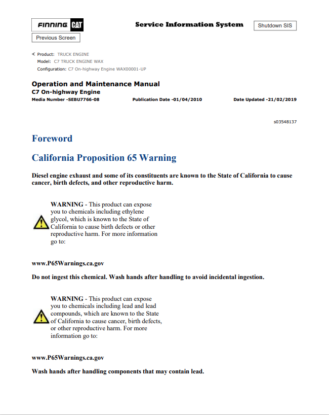 Caterpillar Cat C7 Truck Engine Operation and Maintenance Manual PDF | S/N WAX