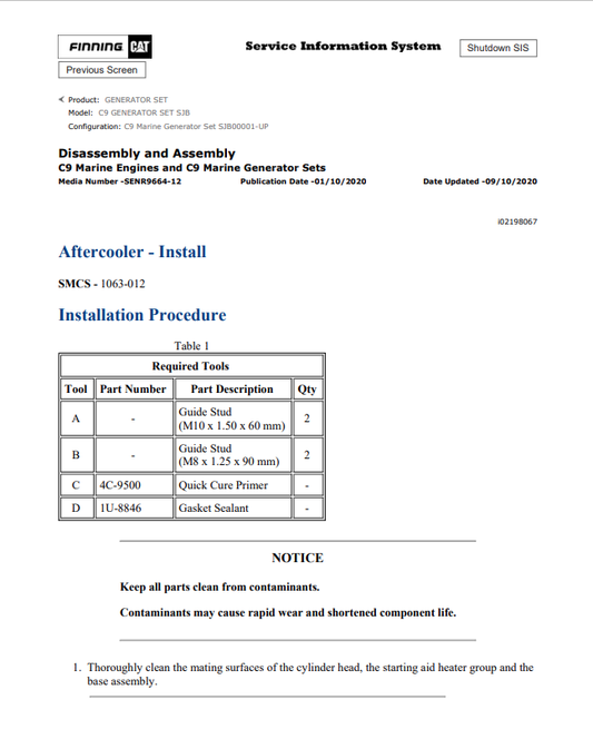 Caterpillar Cat C9 Generator Set Service and Repair Manual PDF | S/N SJB