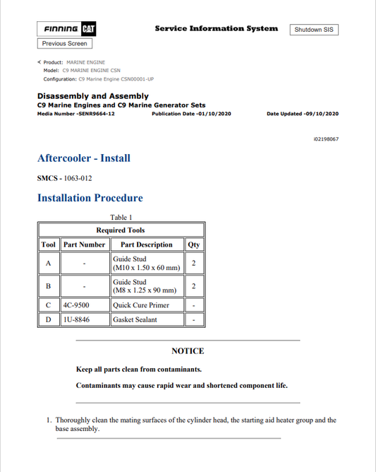Caterpillar Cat C9 Marine Engine Service and Repair Manual PDF | S/N CSN