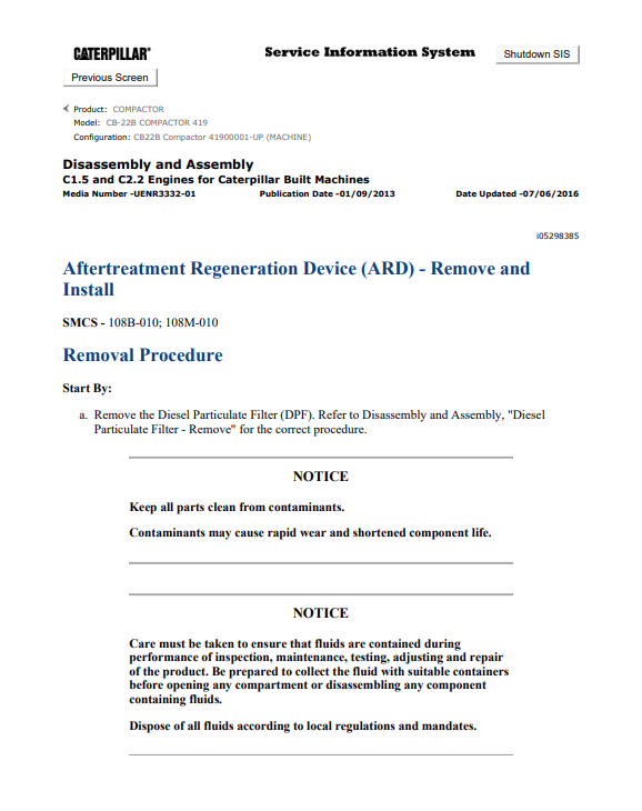 Caterpillar Cat CB-22B Compactor Service and Repair Manual PDF | S/N 419