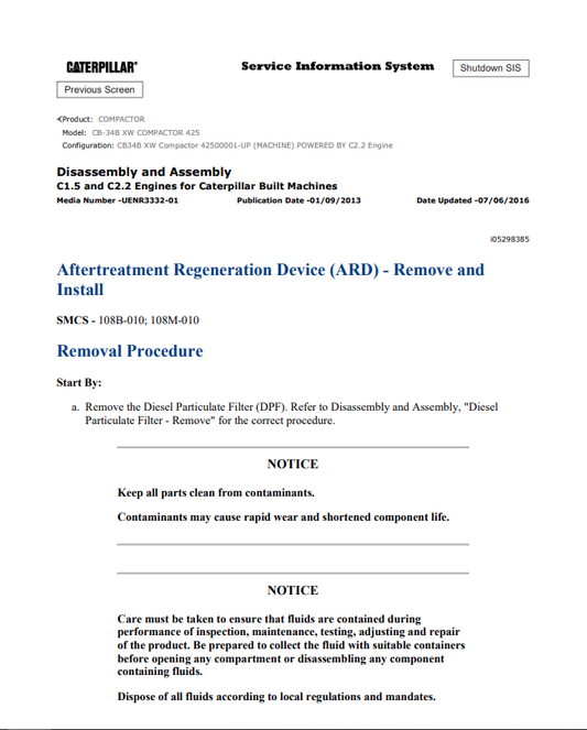 Caterpillar Cat CB-34B XW Compactor Service and Repair Manual PDF | S/N 425